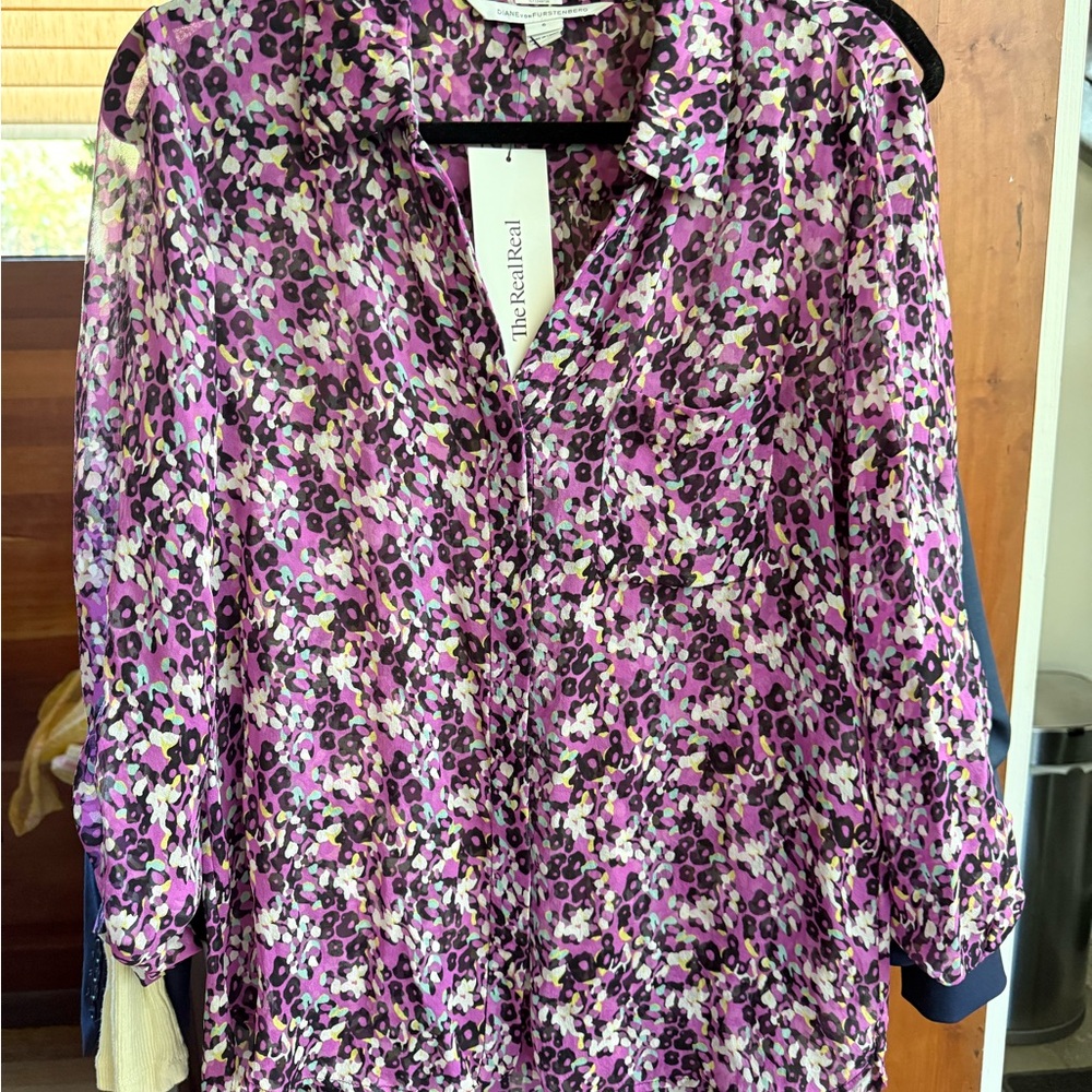 Purple Silk DVF Leopard Print Blouse